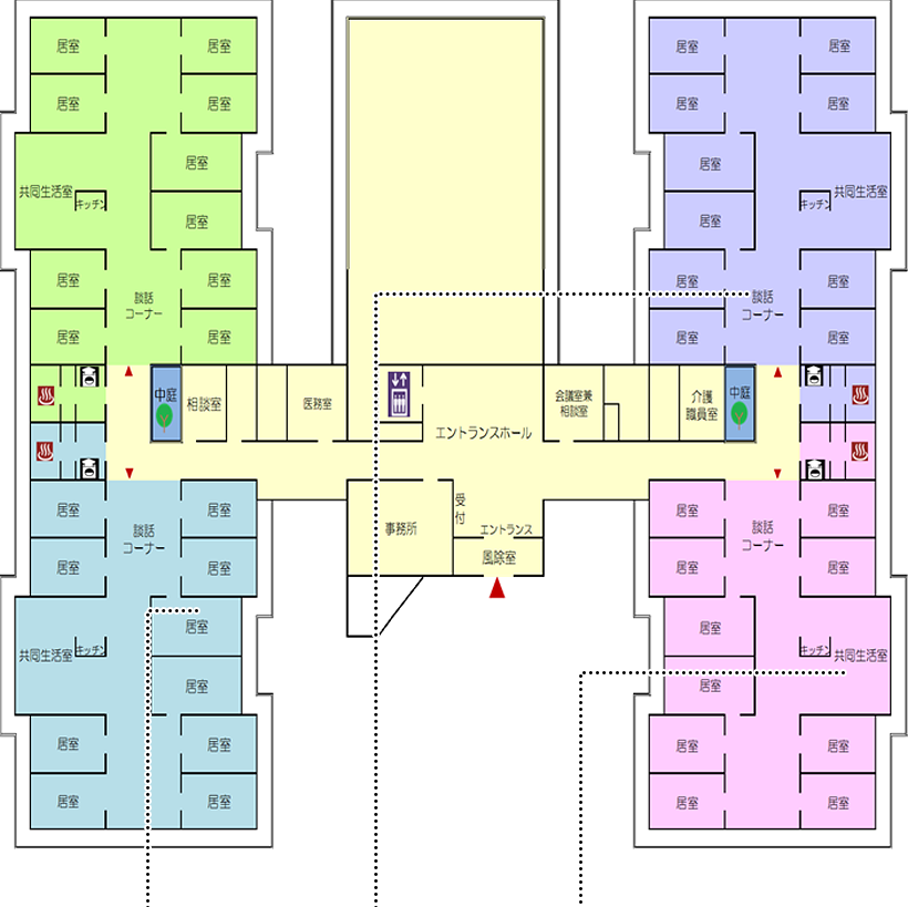 特別養護老人ホームはなみずき　1階の館内図