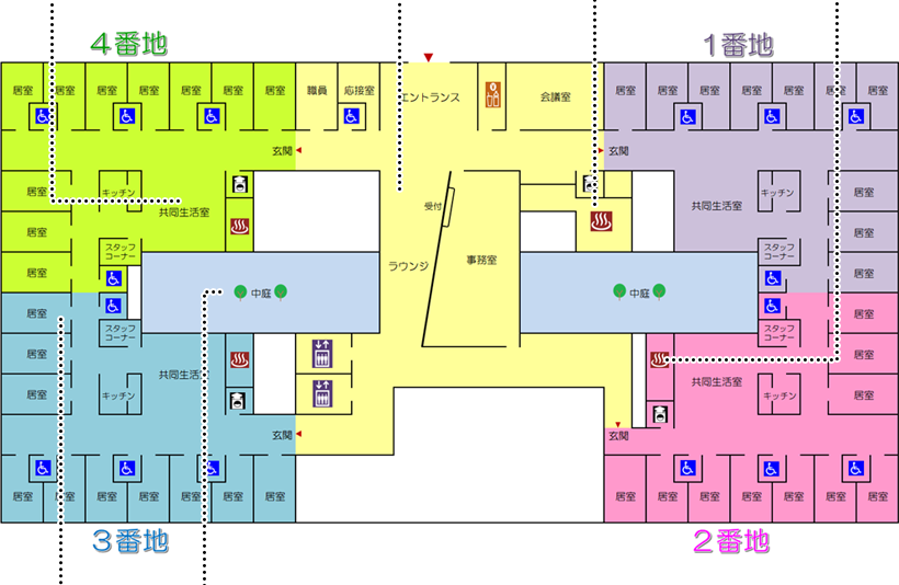 特別養護老人ホーム陽だまり（ひだまり）　1階の館内図