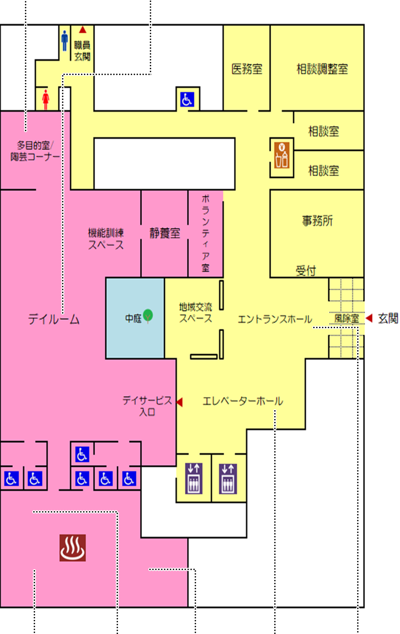 特別養護老人ホームさつき　1階の館内図