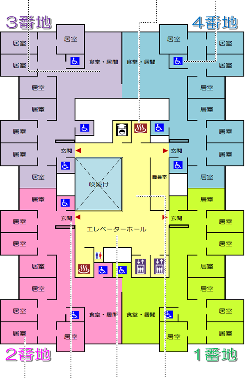 特別養護老人ホームさつき　2階・3階の館内図